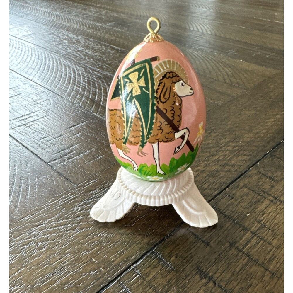 Vintage Decorative Egg With Stand Sheep Cross Estate Sale Find Ornament Lovely